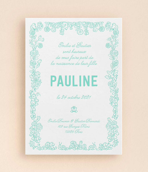 Faire-part de naissance illustré par Amandine Meyer, impression en letterpress vert