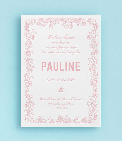 Faire-part de naissance illustré par Amandine Meyer, impression en letterpress rose