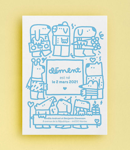 faire-part de naissance-impression letterpress 1 couleur bleu clair
