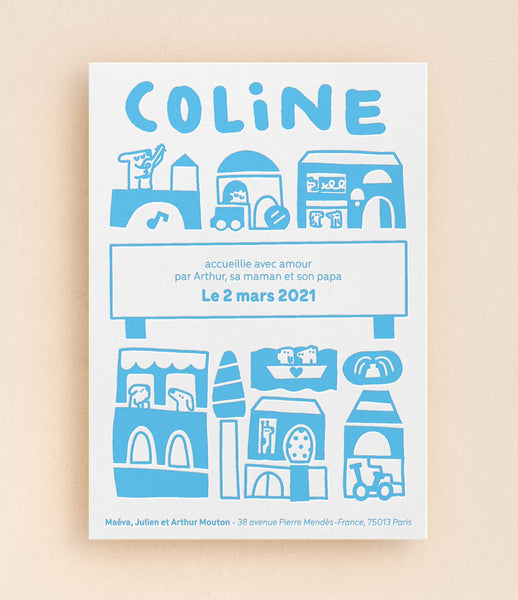 Faire part de naissance personnalisable - impression letterpress 1 couleur bleu clair