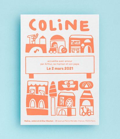 Faire part de naissance personnalisable - impression letterpress 1 couleur orange fluo