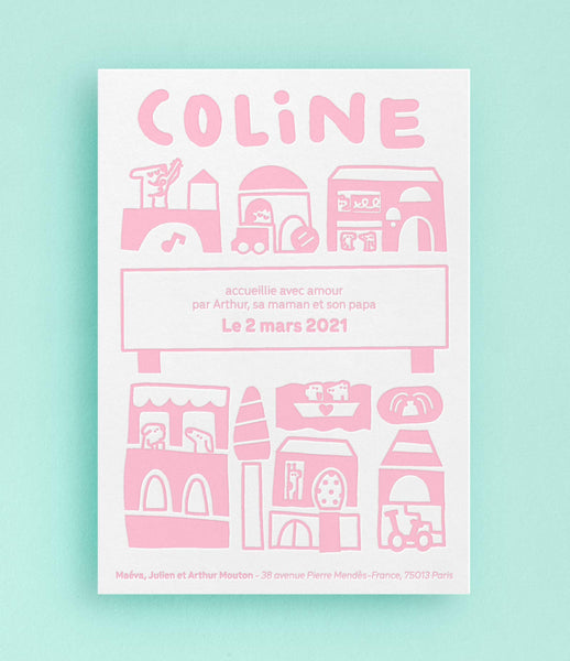 Faire part de naissance personnalisable - impression letterpress 1 couleur rose pale