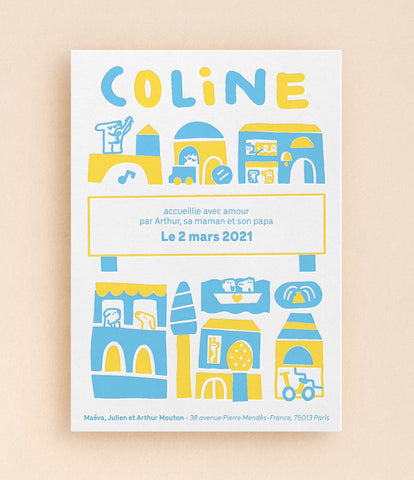 faire-part-naissance-letterpress - impression 2-couleurs : bleu clair et jaune