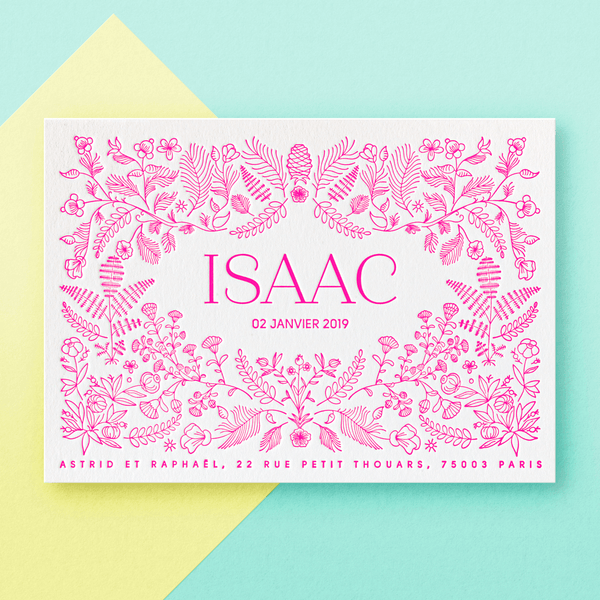 Faire-part de naissance Fougère, letterpress 1 couleur (rose fluo)