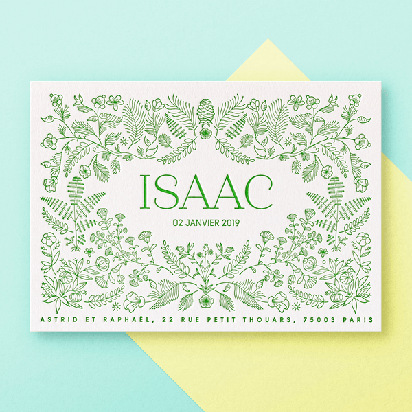 Faire-part de naissance Fougère, letterpress 1 couleur (vert)