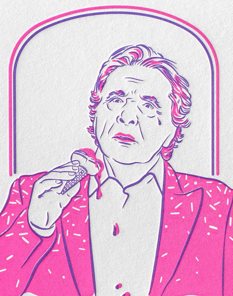 Détail de l'illustration de la carte voeux imprimée en letterpress deux couleurs rose fluo et violet, créee par Cécile Alvarez représentant Michel Sardou sur le theme de l'écriture inclusive.